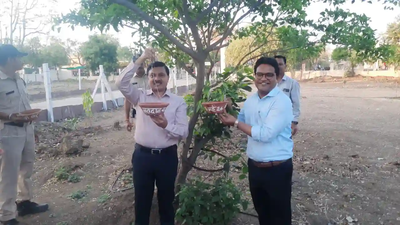 कलेक्‍टर एवं जिला पंचायत सीईओ ने पेड़ों पर टांगे पानी भरे मतदाता जागरूकता के सकोरे