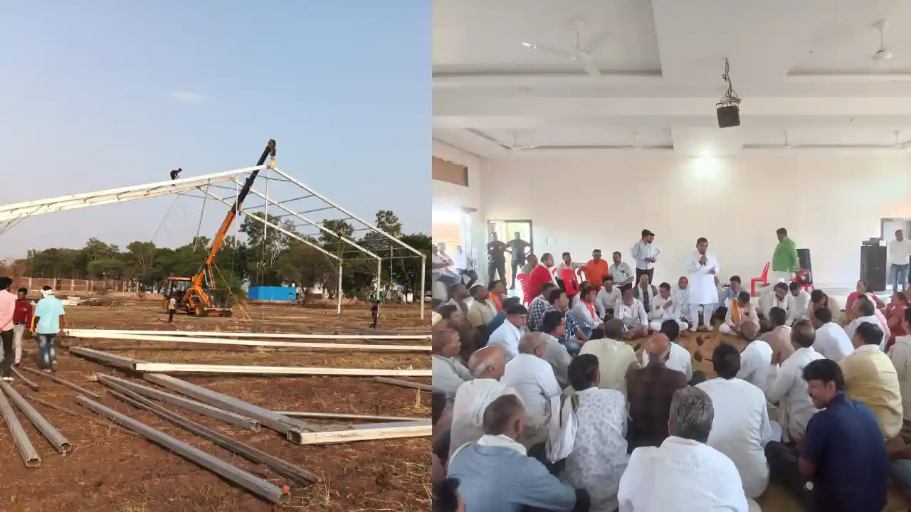 ओंकारेश्वर के पास ग्राम थापना में आगामी 9 जून से होने वाली कथा के लिए पंडाल स्थल की प्रारंभ हुई तैयारी