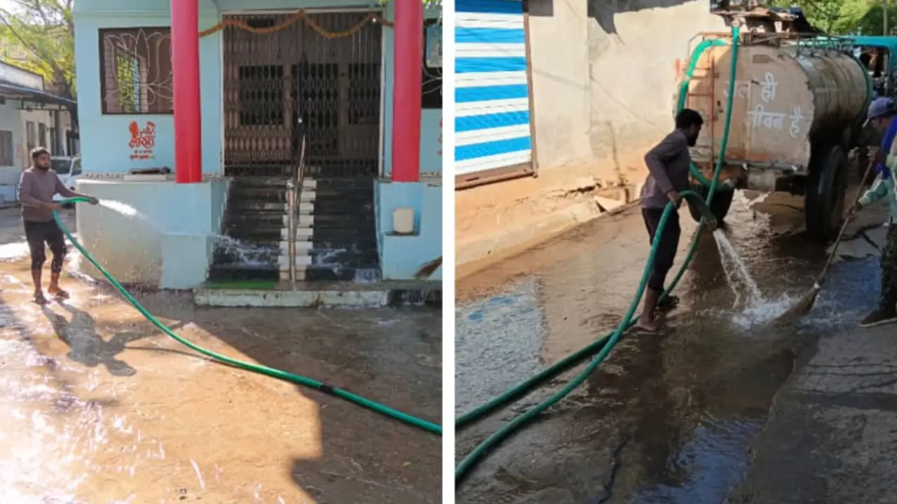 सभी 15 वार्डो में सड़कों को पानी से धोने का विशेष अभियान कर रहे कर्मचारी ताकि गंदगी दिखाई न दे