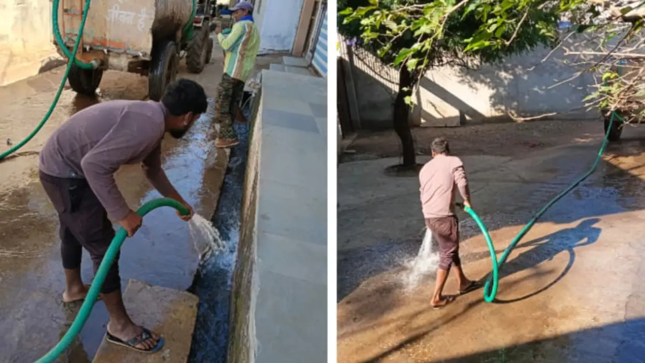 सभी 15 वार्डो में सड़कों को पानी से धोने का विशेष अभियान कर रहे कर्मचारी ताकि गंदगी दिखाई न दे