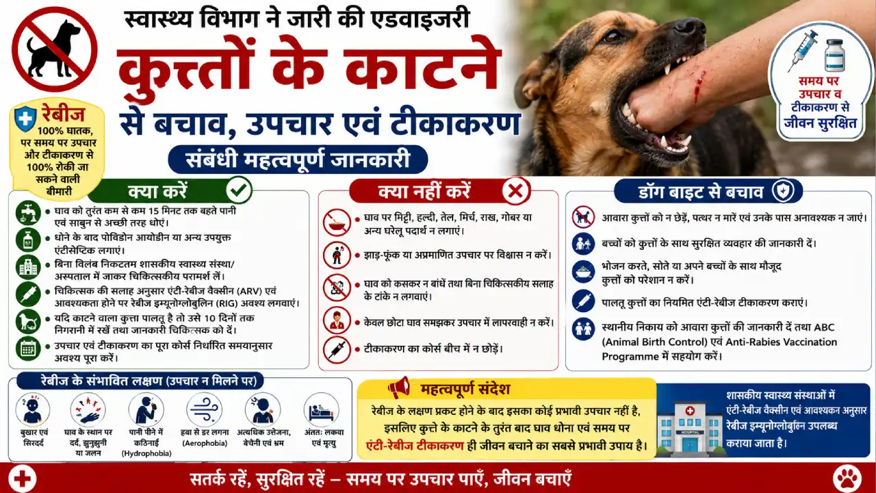 स्वास्थ्य विभाग ने कुत्तों के काटने से बचाव, उपचार एवं टीकाकरण संबंधी जारी की एडवाइजरी