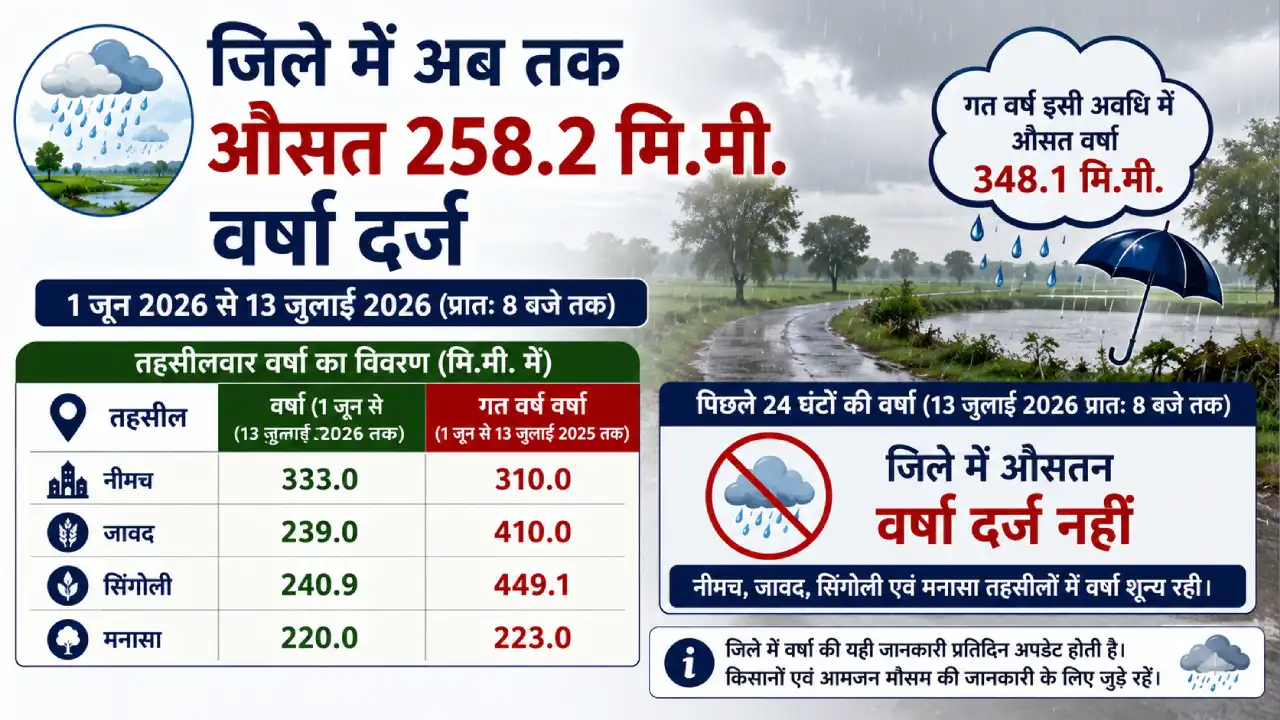 जिले में अब तक औसत 258.2 मि.मी. वर्षा दर्ज जिले में अब तक औसत 258.2 मि.मी. वर्षा दर्ज