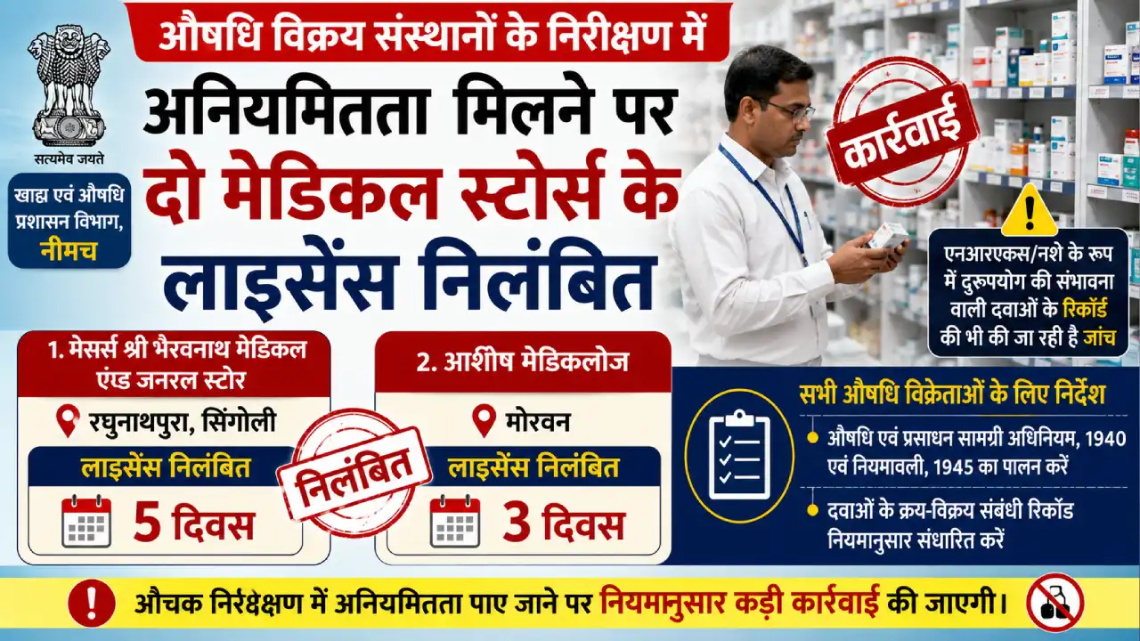 औषधि विक्रय संस्थानों के निरीक्षण में अनियमितता मिलने पर दो मेडिकल स्टोर्स के लाइसेंस निलंबित