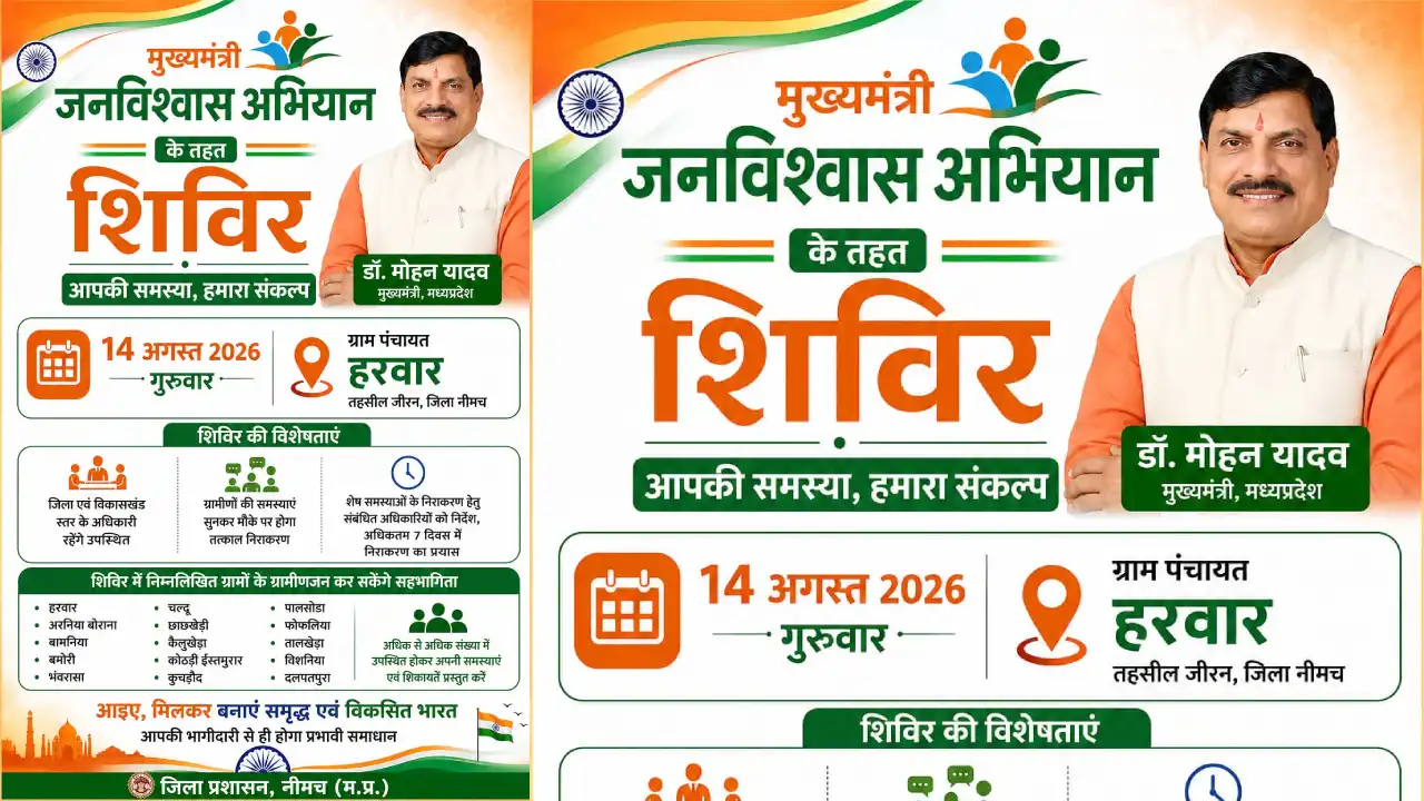 मुख्यमंत्री जनविश्वास अभियान के अंतर्गत जनसमस्या निवारण शिविर 14 अगस्त को हरवार में